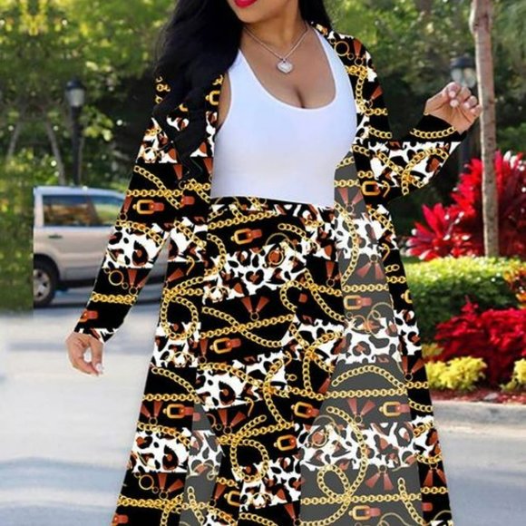 2pc Gold /Black Chain Link Long Sleeve Open Front Cardigan High Waist Pants - Picture 2 of 13